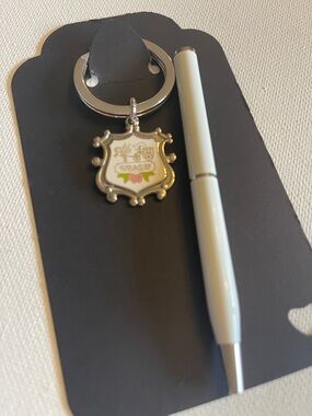 COACH Enamel Shield Keychain in White with Pink & Green Accents and Coach Pen